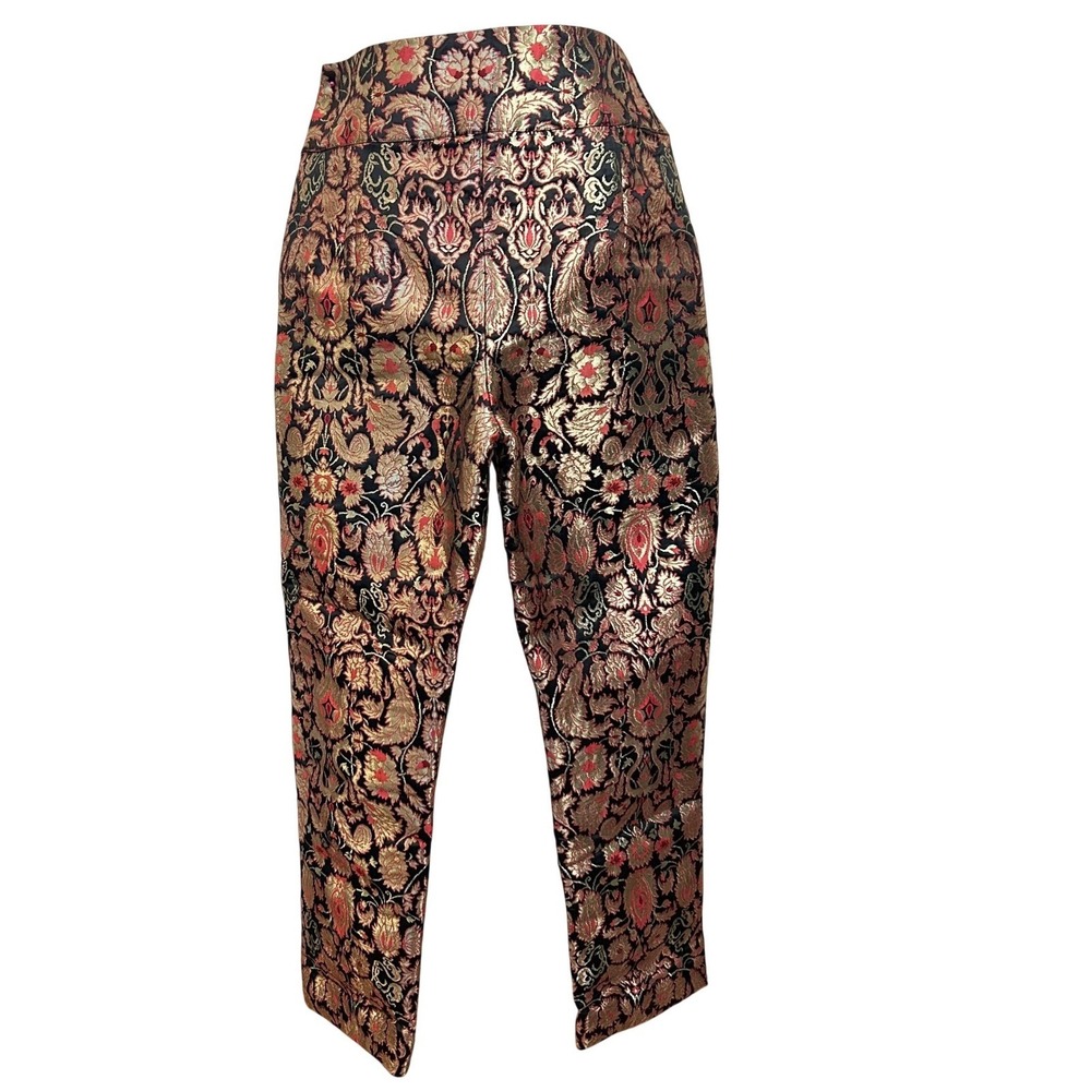 Floral Brocade Metallic Straight Leg Trousers Gold Red Black XS